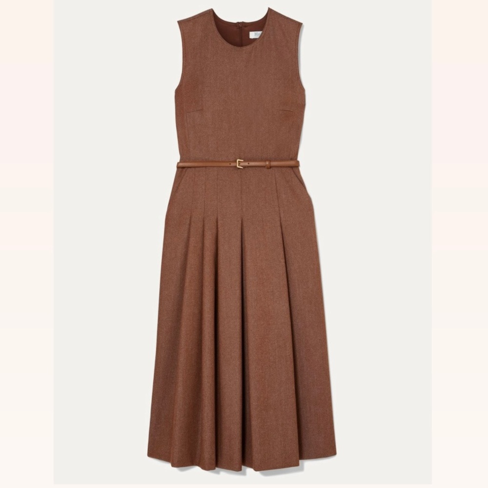 Max Mara Belted Brushed Wool Twill Midi Dress， size 2